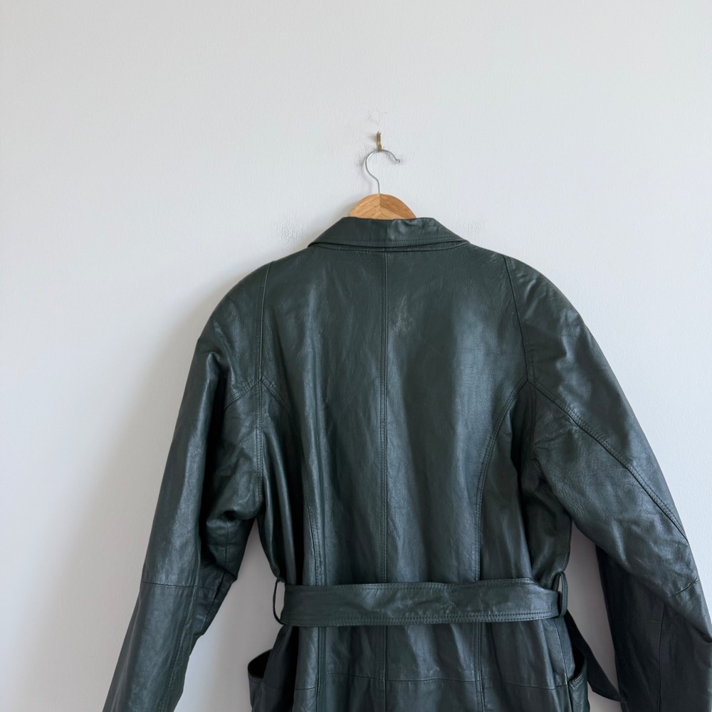 Vintage Maurices Forrest Green Genuine Leather Longline Trench Coat Size Small - Picture 13 of 14